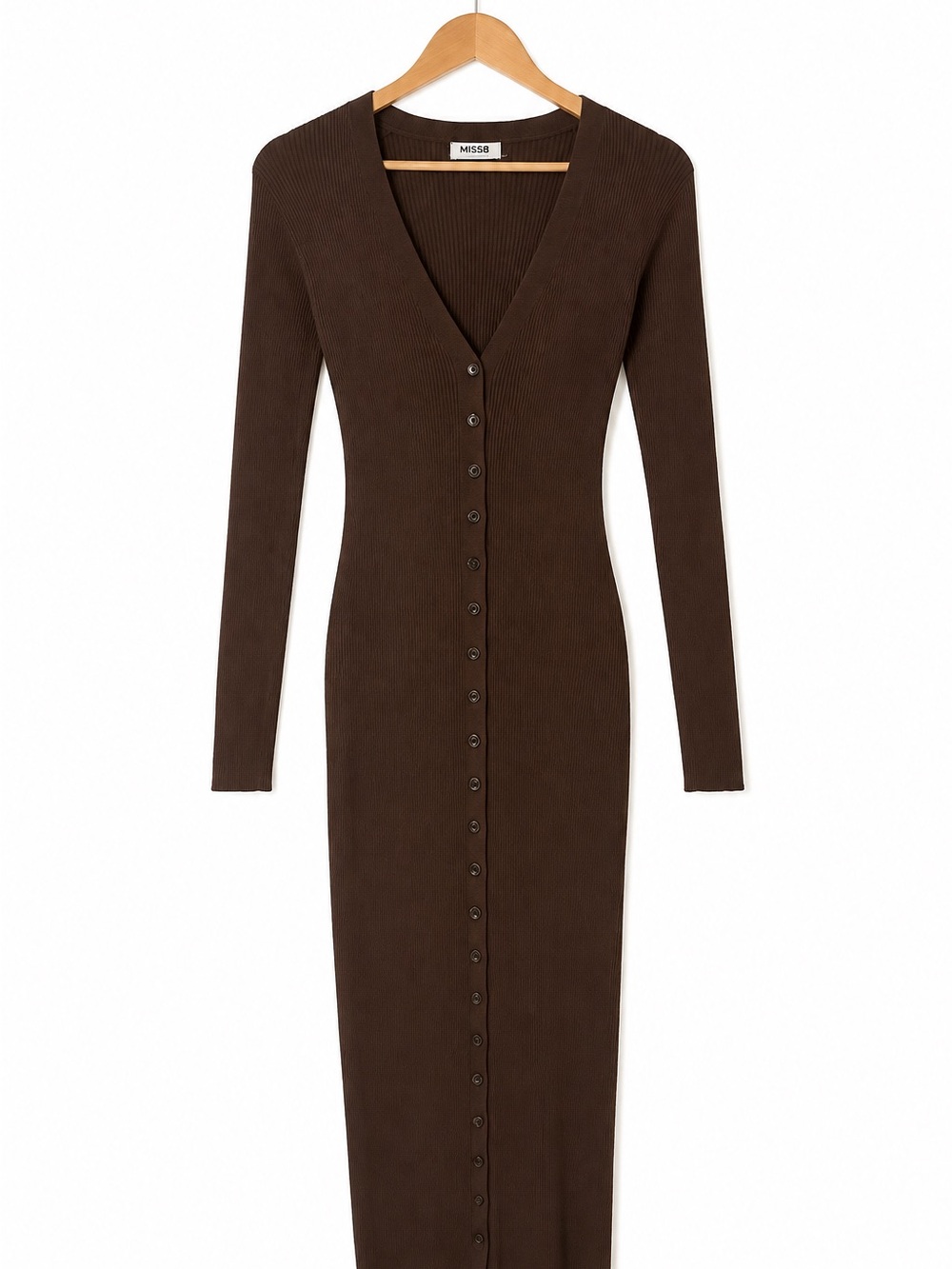 Missguided Chocolate Brown Ribbed Button-Front Long Sleeve Dress